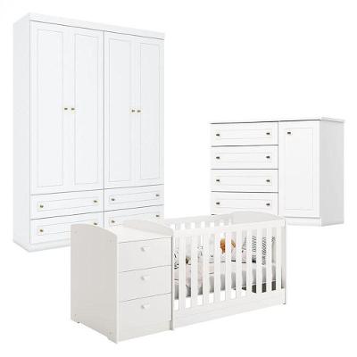 Quarto Infantil 4 Portas Americano E Berço Multifuncional Atlanta Branco Fosco - Reller
