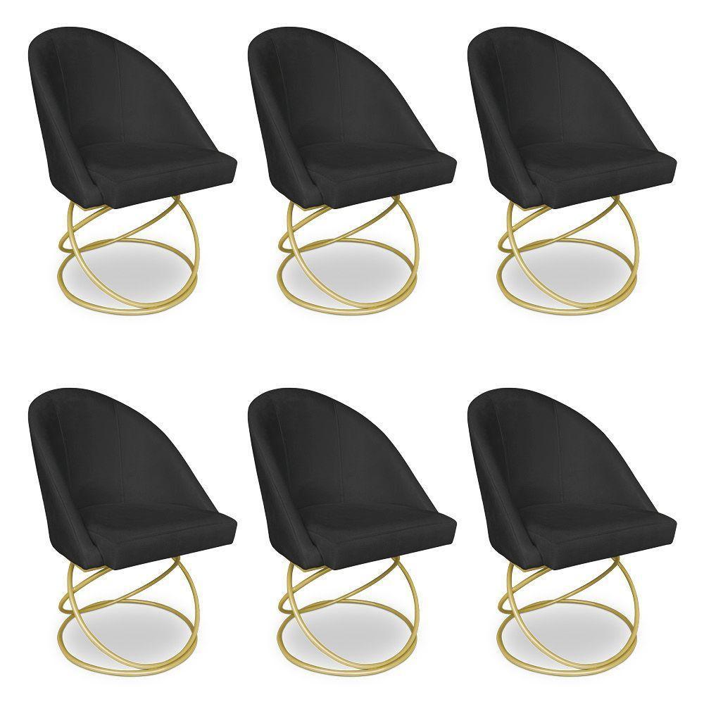 Kit 06 Cadeiras Poltrona De Jantar Bela Suede Preto Base Metálica Luxo Dourado - Pallazio - 1