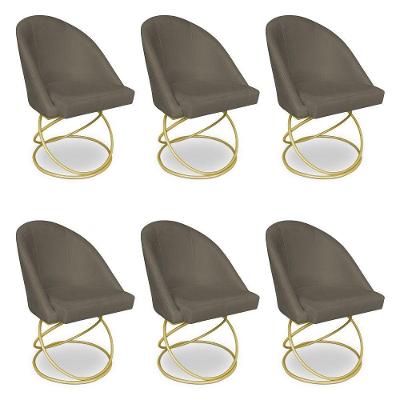 Kit 06 Cadeiras Poltrona De Jantar Bela Suede Marrom Rato Base Metálica Luxo Dourado - Pallazio