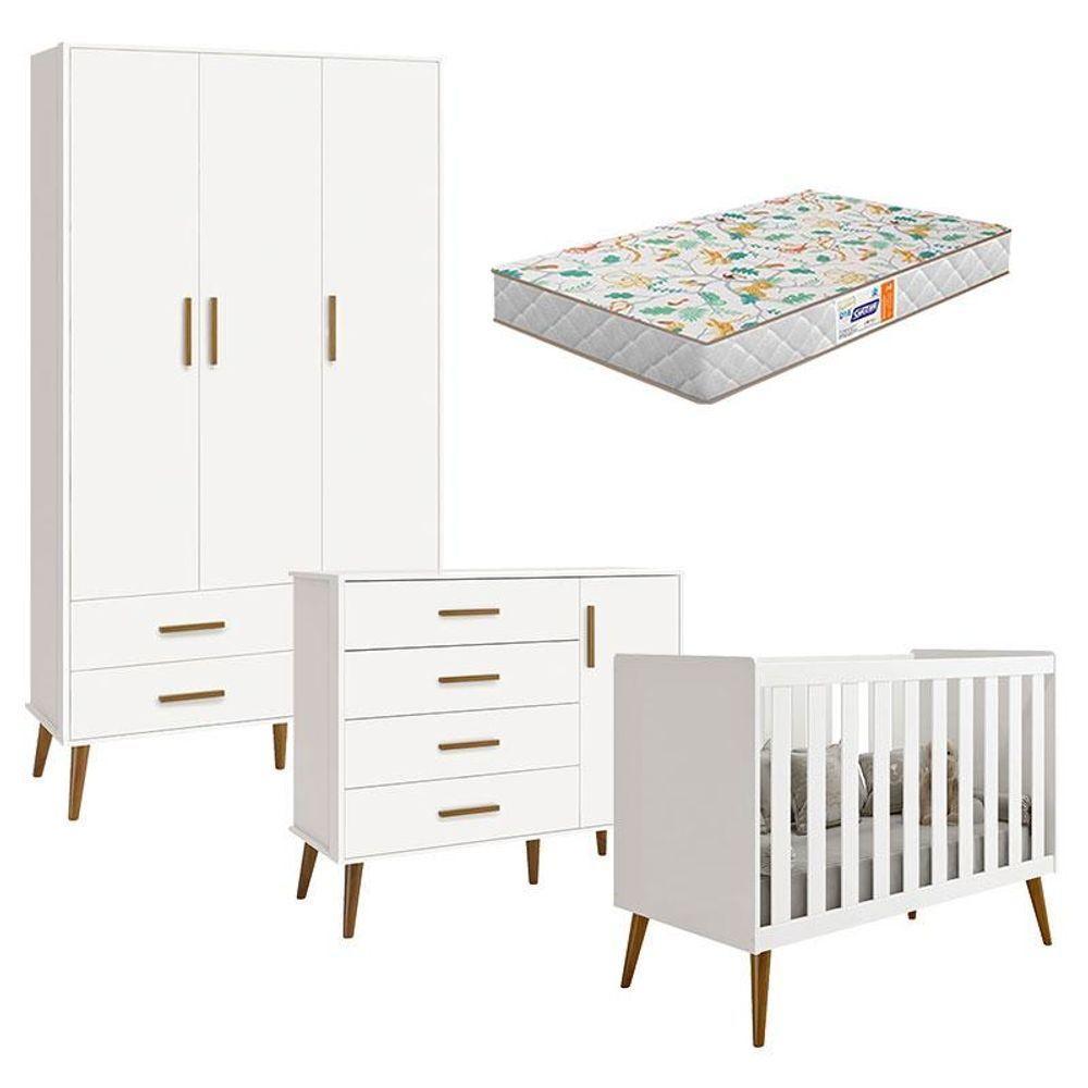 Quarto De Bebê Isis 3 Portas Branco Acetinado Com Colchão Gazin - Reller - 1