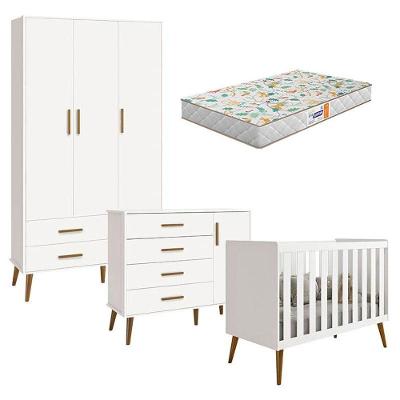 Quarto De Bebê Isis 3 Portas Branco Acetinado Com Colchão Gazin - Reller