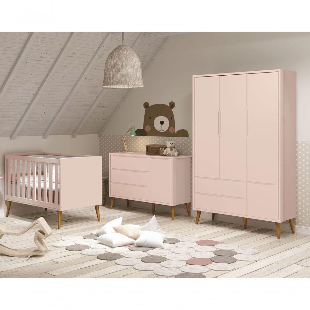 Jogo De Quarto Para Bebê Completo 3 Portas Théo New Rosa Fosco Com Madeira - Moveisaqui - 1