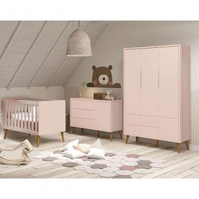 Jogo De Quarto Para Bebê Completo 3 Portas Théo New Rosa Fosco Com Madeira - Moveisaqui