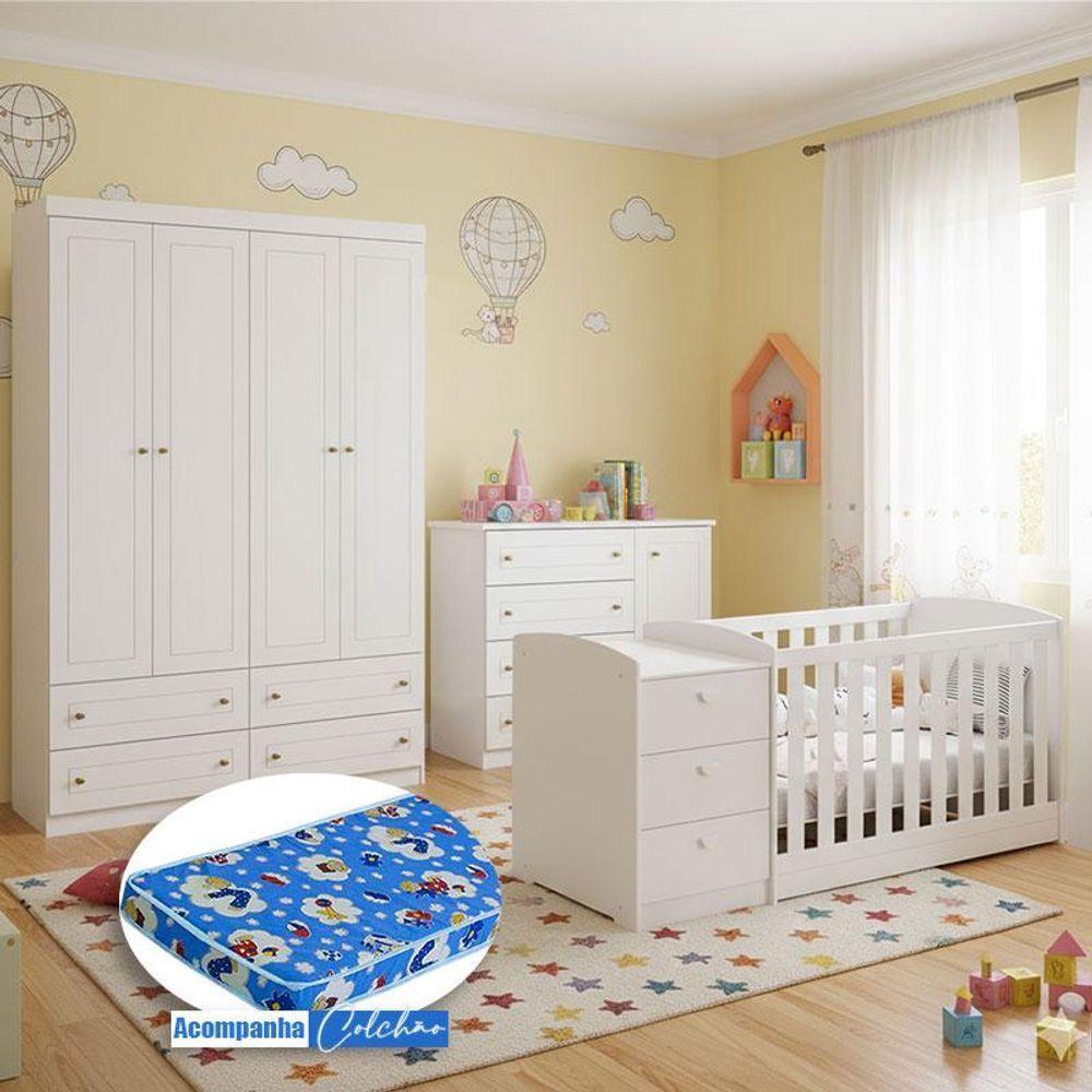 Quarto Infantil Americano 4 Portas E Berço Multifuncional Atlanta Ambiente Branco Fosco Com Colchão Ortobom - Reller - 1