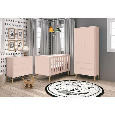 Jogo De Quarto Para Bebê Completo 2 Portas Théo New Rosa Fosco Com Natural - Moveisaqui