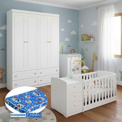 Berço Multifuncional Atlanta E Guarda Roupa Mississipi 4 Portas Henn Ambiente Branco Fosco Com Colchão Ortobom - Reller