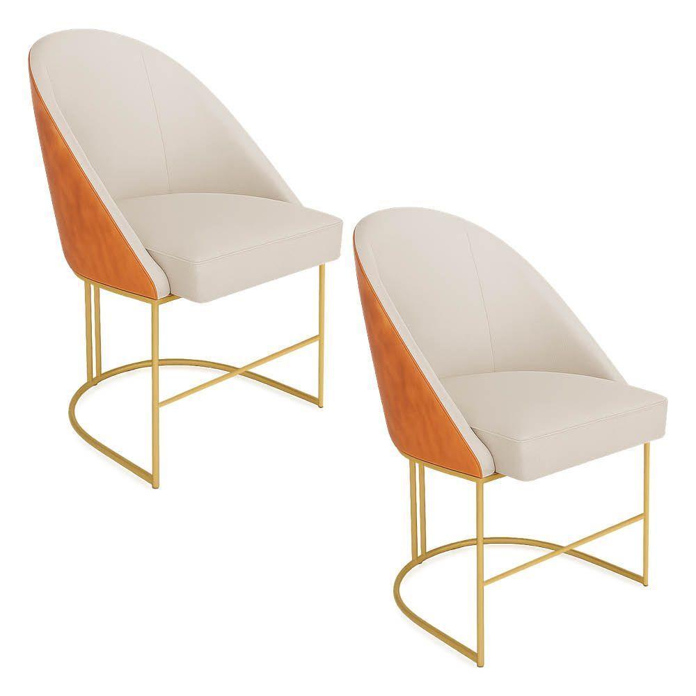Kit 02 Cadeiras Poltrona De Jantar Bela Corano Nozes E Linho Bege Base Metálica Industrial Dourado - Pallazio - 1
