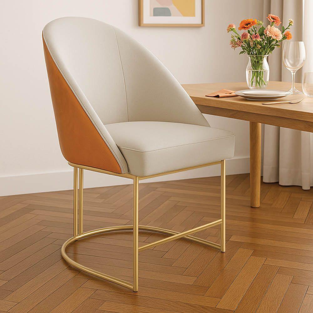 Kit 02 Cadeiras Poltrona De Jantar Bela Corano Nozes E Linho Bege Base Metálica Industrial Dourado - Pallazio - 2