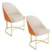 Kit 02 Cadeiras Poltrona De Jantar Bela Corano Nozes E Linho Bege Base Metálica Industrial Dourado - Pallazio - 1