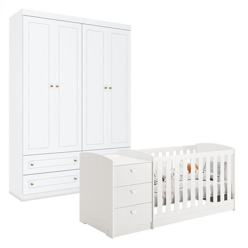 Berço Multifuncional Atlanta E Guarda Roupa 4 Portas Americano Branco Fosco Henn - Reller - 1