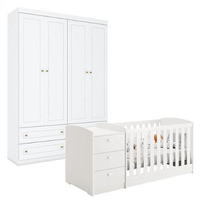 Berço Multifuncional Atlanta E Guarda Roupa 4 Portas Americano Branco Fosco Henn - Reller