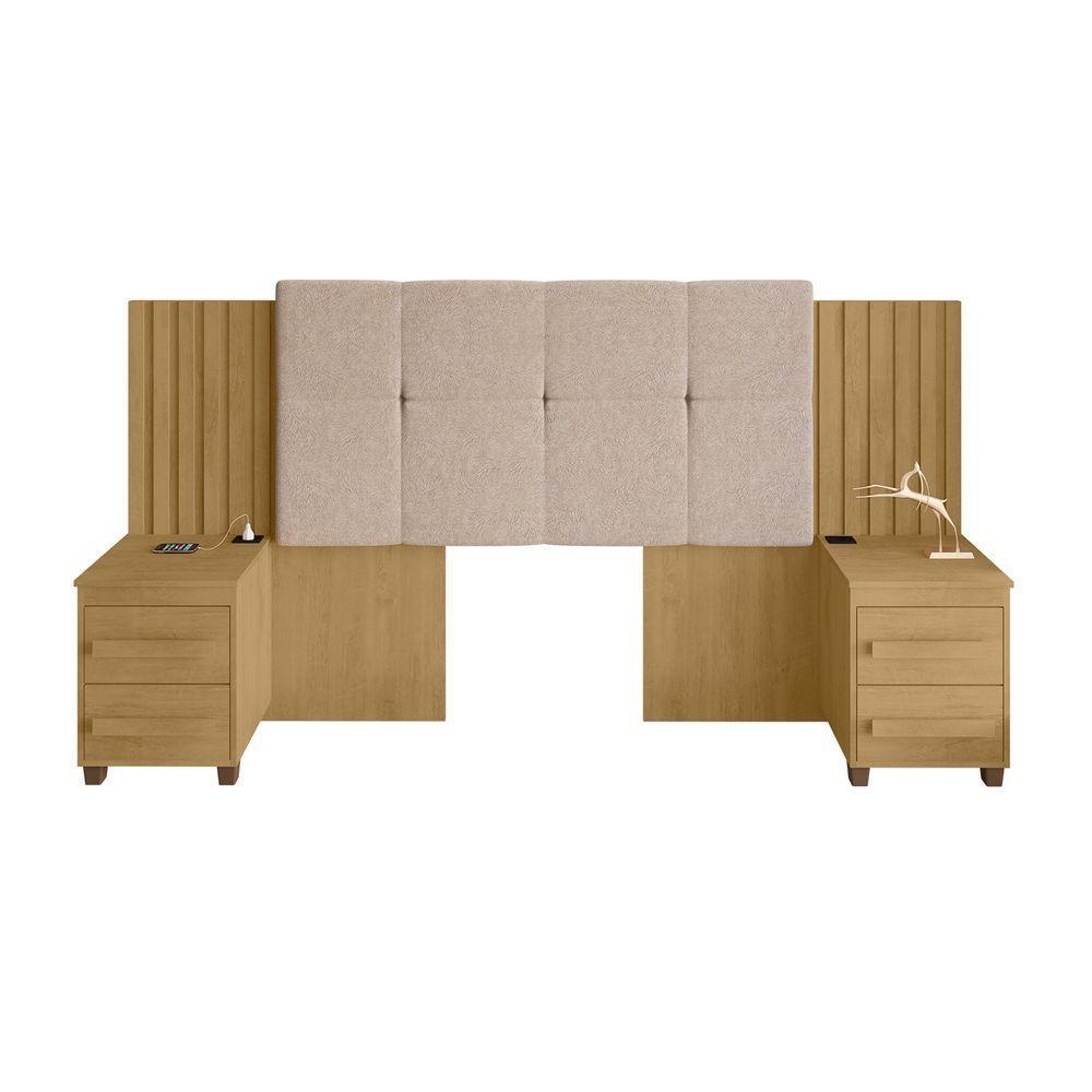 Cabeceira Casal Extensível Com 2 Mesas De Apoio Ripado E Estofado Cinamomo Suíça - Rv Móveis - 1