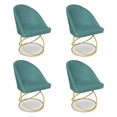 Kit 04 Cadeiras Poltrona De Jantar Bela Suede Base Metálica Luxo Dourado - Pallazio Cor Azul Turquesa