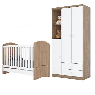 Conjunto Berço Multifuncional e Guarda Roupa Infantil Bala de Menta e Pique-Esconde MDF e MDP Branco