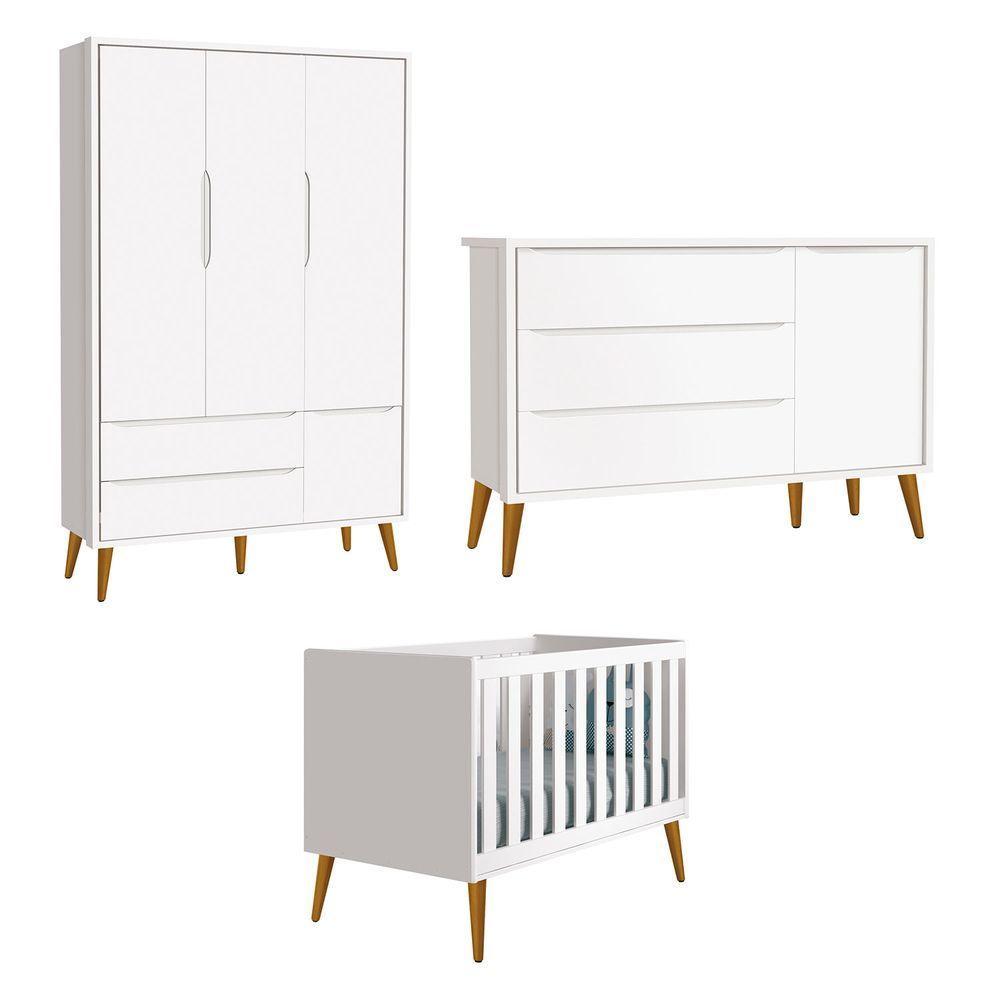 Jogo De Quarto Para Bebê Completo 3 Portas Théo New Branco Fosco Com Madeira - Reller - 1