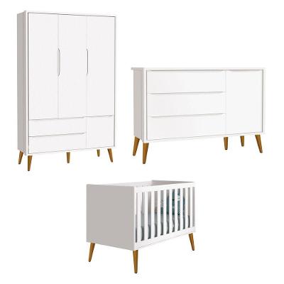 Jogo De Quarto Para Bebê Completo 3 Portas Théo New Branco Fosco Com Madeira - Reller