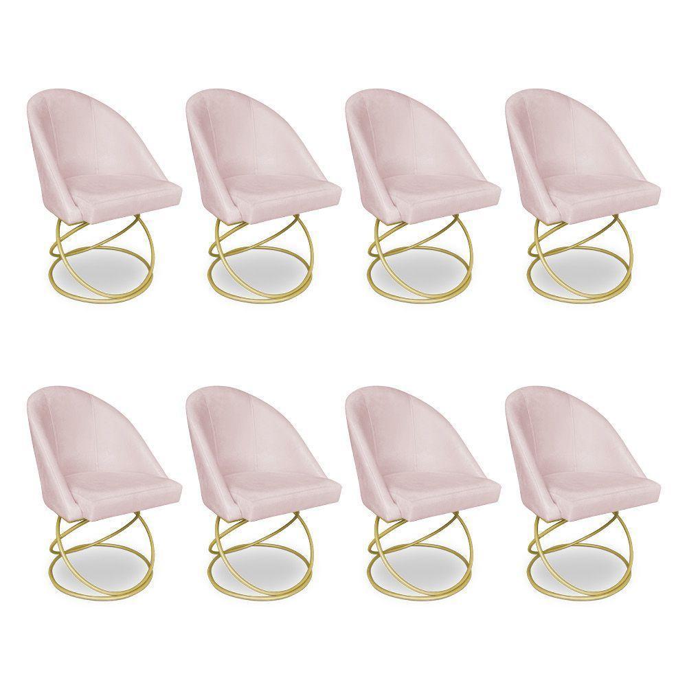 Kit 08 Cadeiras Poltrona De Jantar Bela Suede Rosa Bebê Base Metálica Luxo Dourado - Pallazio - 1