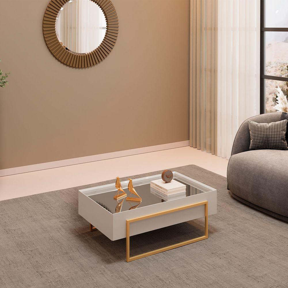 Mesa De Centro Kika De Sala Hall Moderna Com Espelho Pes Em Metal Bali - 2