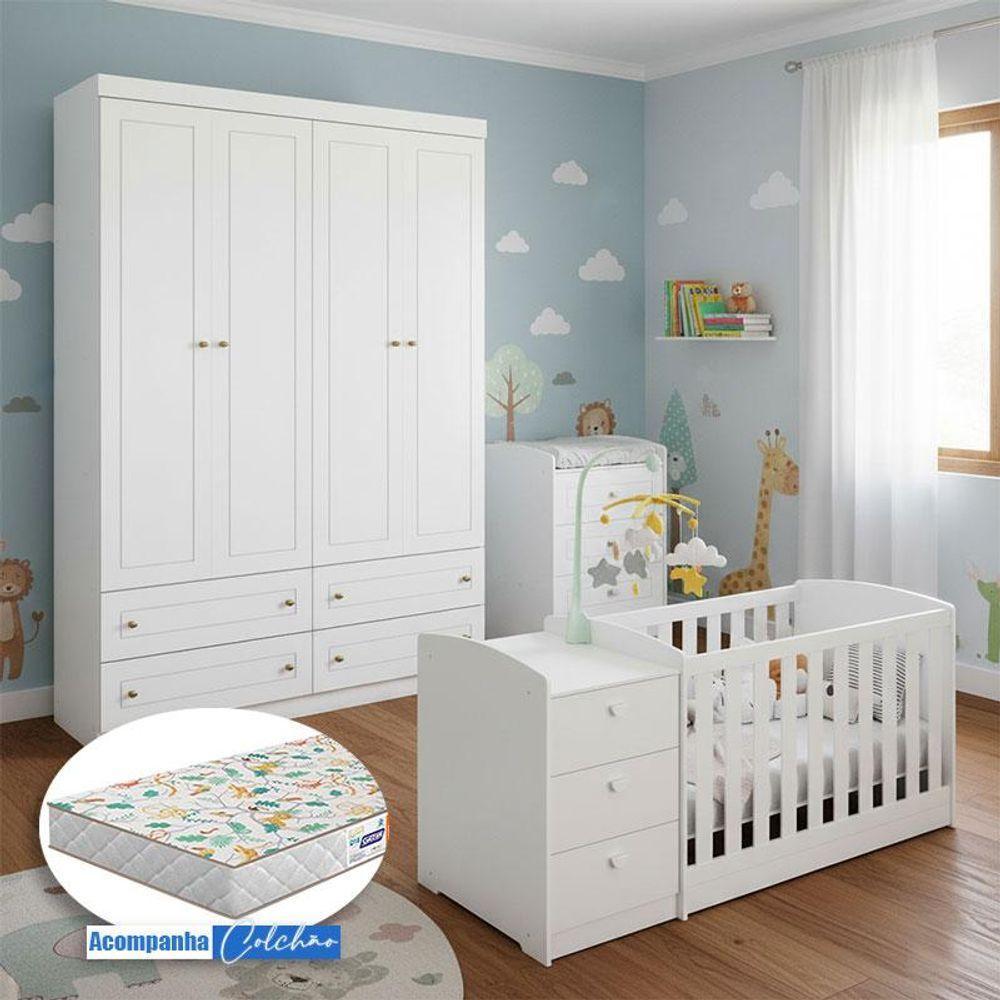 Berço Multifuncional Atlanta E Guarda Roupa Americano 4 Portas Henn Ambiente Branco Fosco Com Colchão Gazin - Reller - 1
