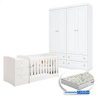 Berço Multifuncional Atlanta E Guarda Roupa Americano 4 Portas Henn Ambiente Branco Fosco Com Colchão Gazin - Reller - 8