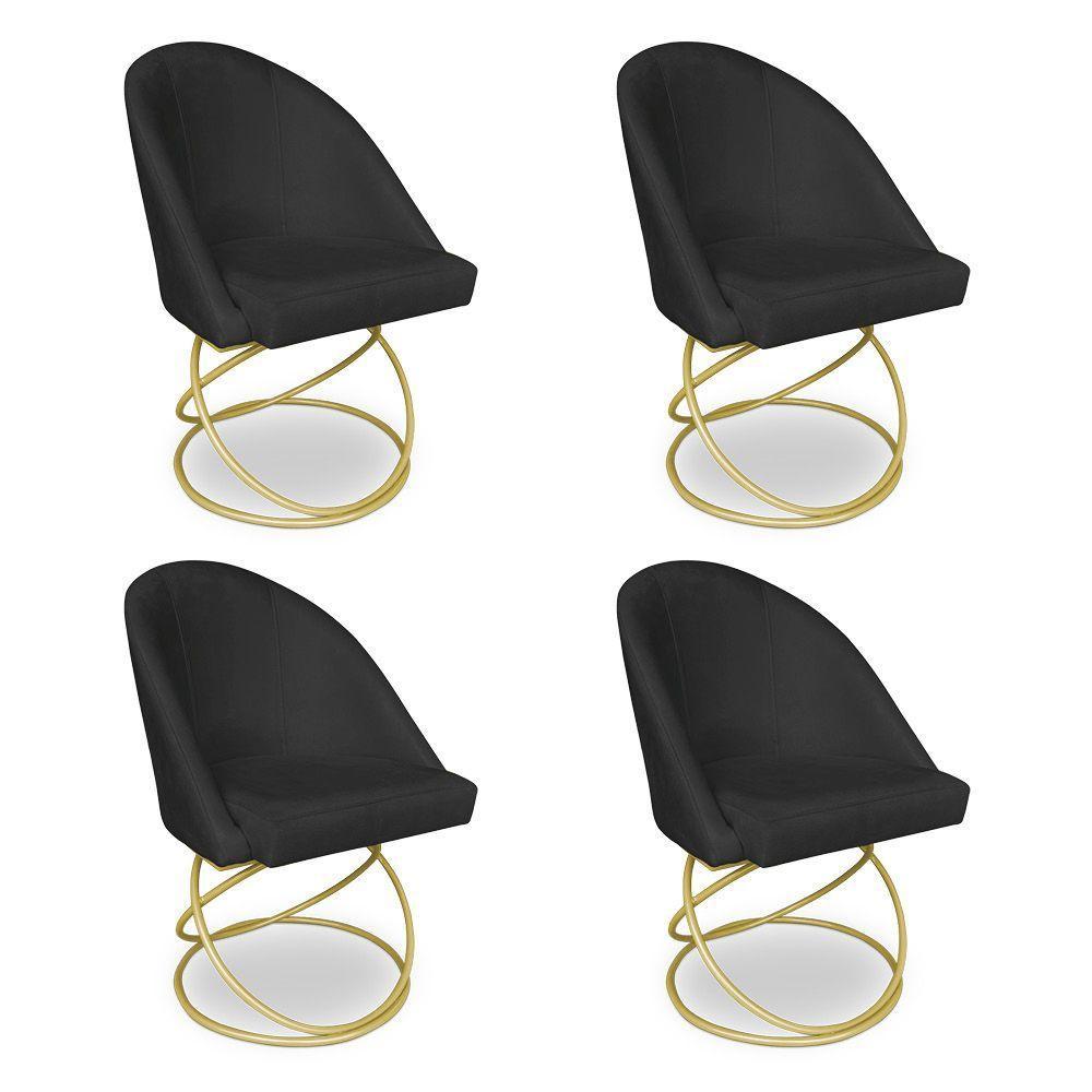 Kit 04 Cadeiras Poltrona De Jantar Bela Suede Base Metálica Luxo Dourado - Pallazio Cor Preto - 1