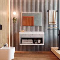 Gabinete Nicho Suspenso Com Espelheira Para Banheiro Com Lavatório Beta Branco Com Marmorizado Branco - Moveisaqui - 1