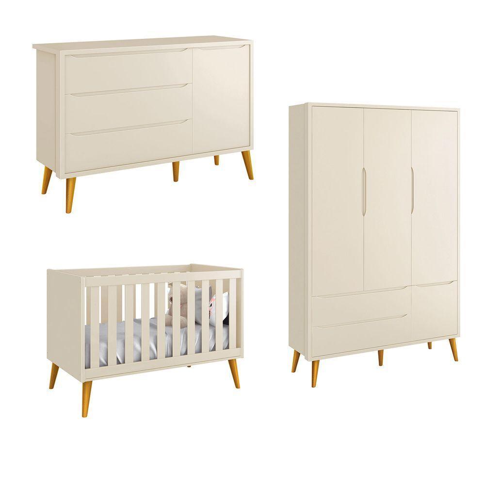 Jogo De Quarto Para Bebê Completo 3 Portas Théo New Areia Fosco Com Madeira - Reller - 1