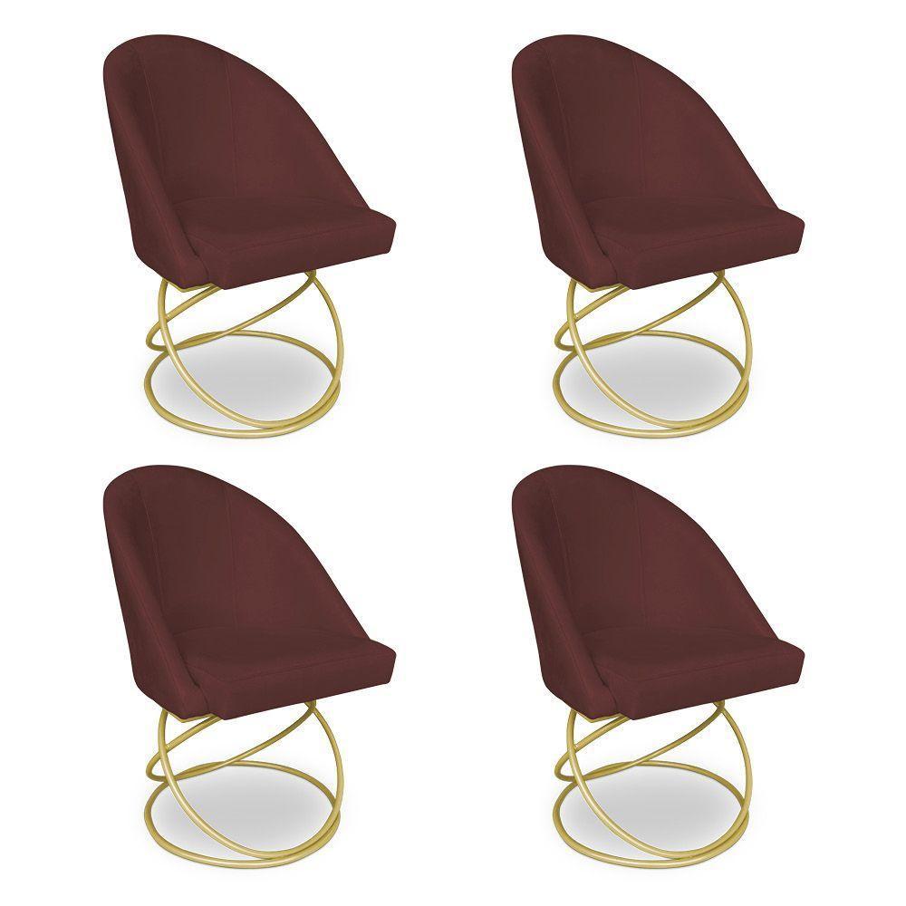 Kit 04 Cadeiras Poltrona De Jantar Bela Suede Base Metálica Luxo Dourado - Pallazio Cor Marsala - 1