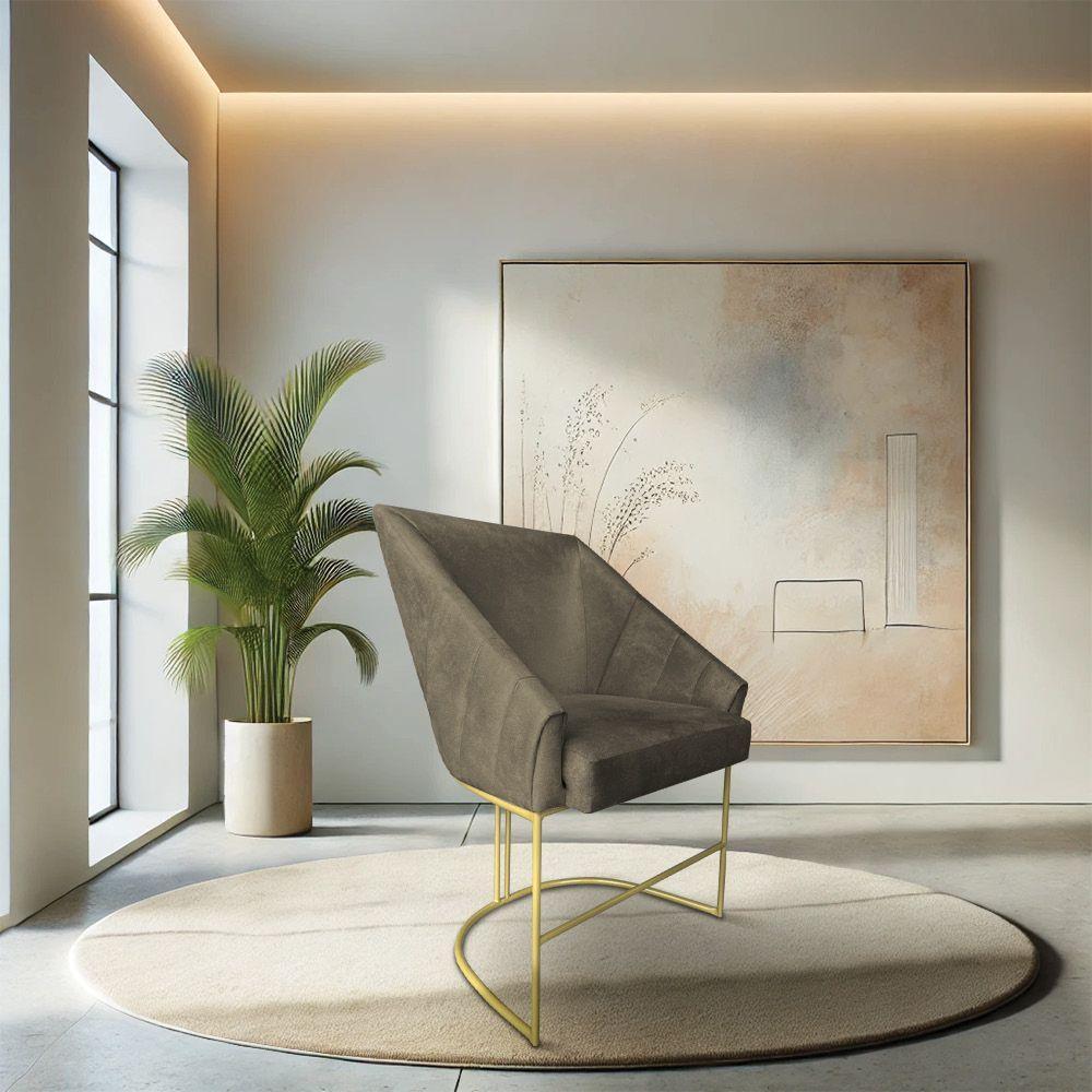 Poltrona Decorativa Alana Suede Base De Ferro Dourado - Pallazio Cor Marrom Rato - 1