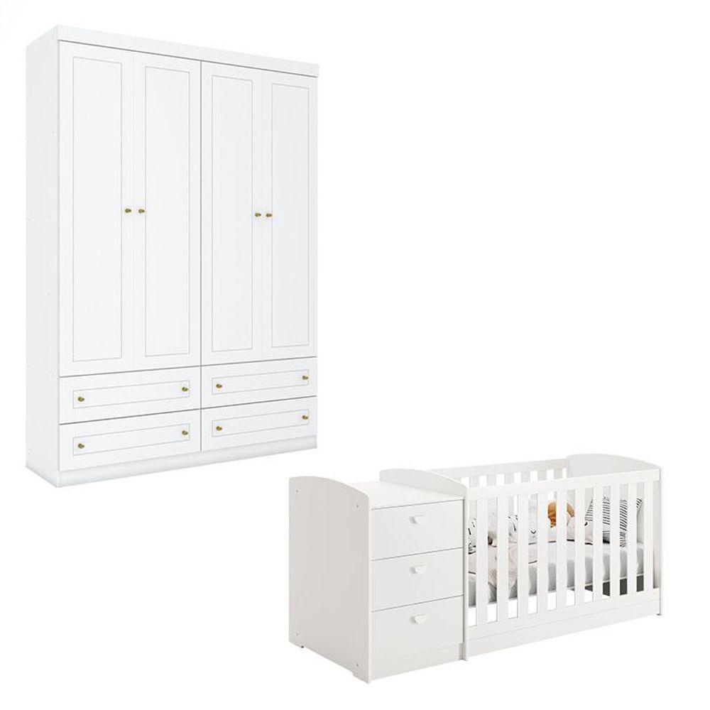 Berço Multifuncional Atlanta E Guarda Roupa 4 Portas Americano Ambiente Branco Fosco Henn - Reller - 7