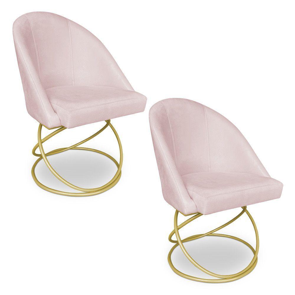 Kit 02 Cadeiras Poltrona De Jantar Bela Suede Base Metálica Luxo Dourado - Pallazio Cor Rosa Bebê - 1