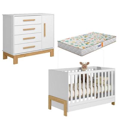 Berço Americano 4300 Fantasia E Cômoda 4355 Q Encanto Slm Branco Acetinado Com Colchão Gazin - Qmovi