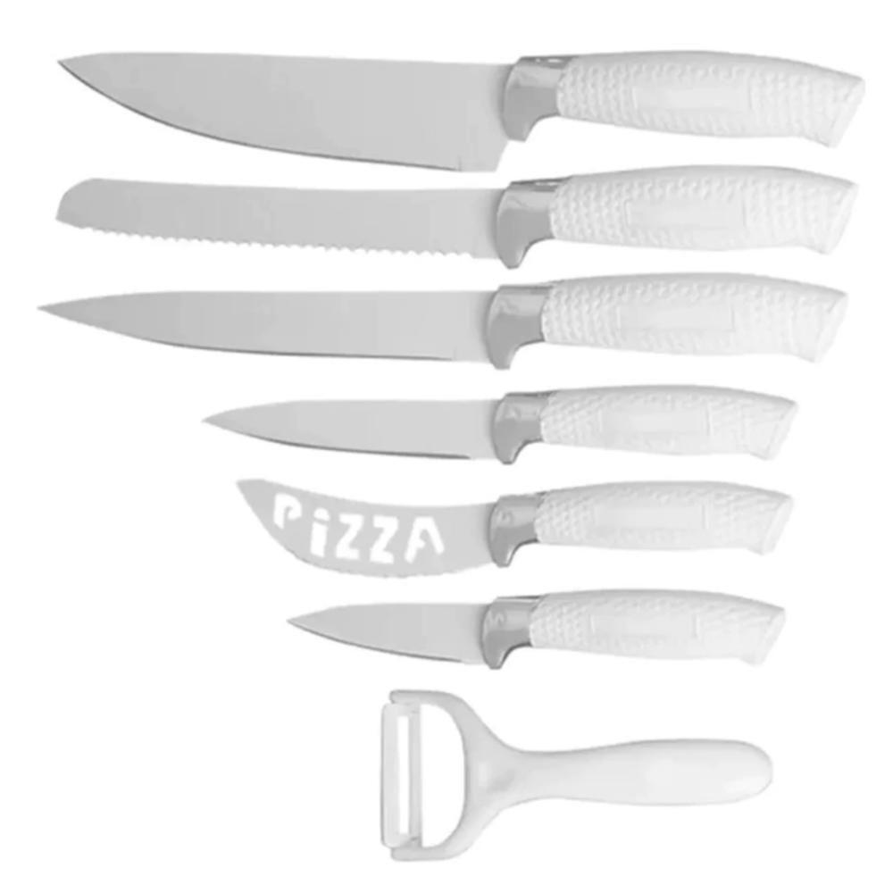 Conjunto De Facas De Cozinha Ceramica Branca 7 Peças Kit Profissional Churrasco Carnes Paes Pizza Com Descascador Frutas - 3