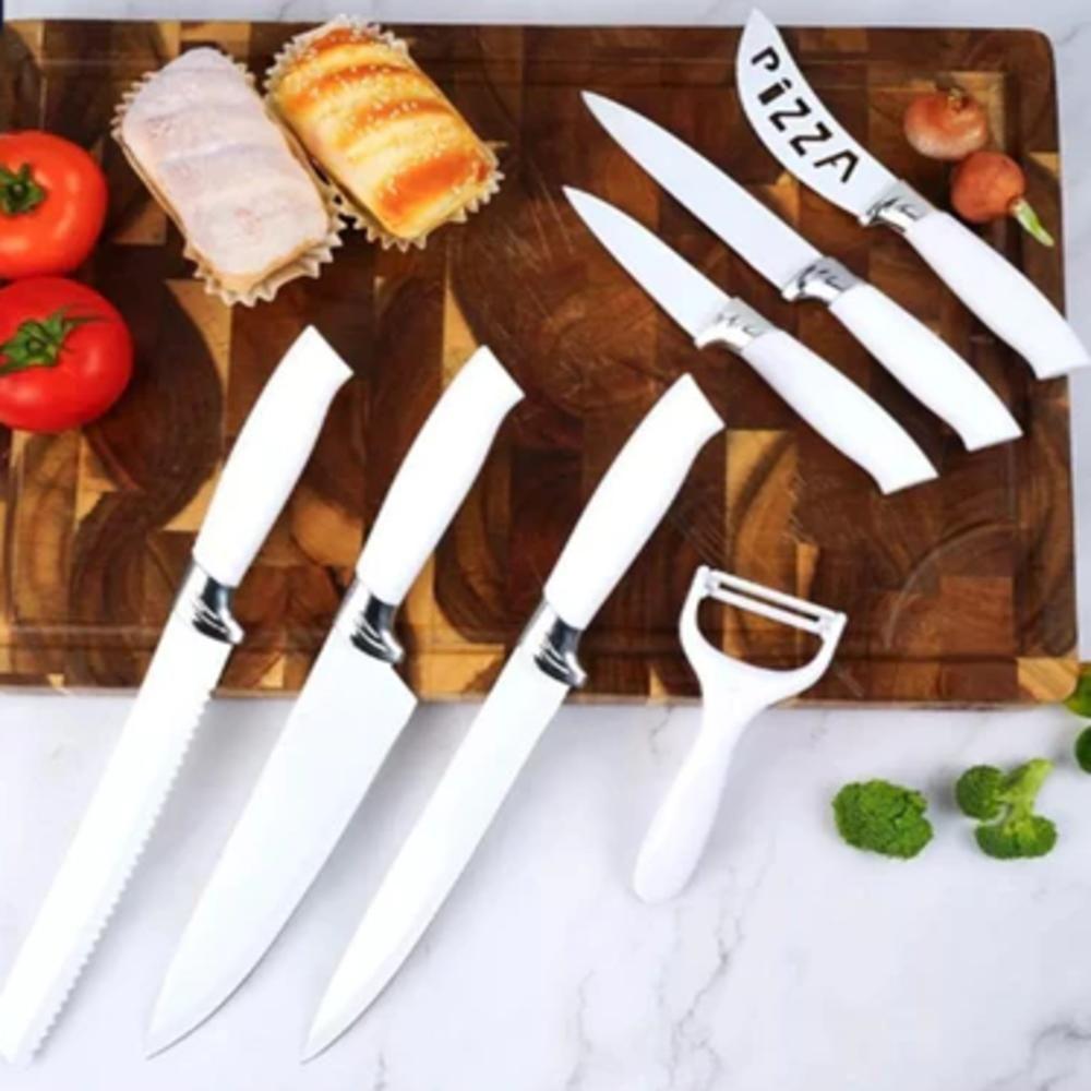 Conjunto De Facas De Cozinha Ceramica Branca 7 Peças Kit Profissional Churrasco Carnes Paes Pizza Com Descascador Frutas - 4