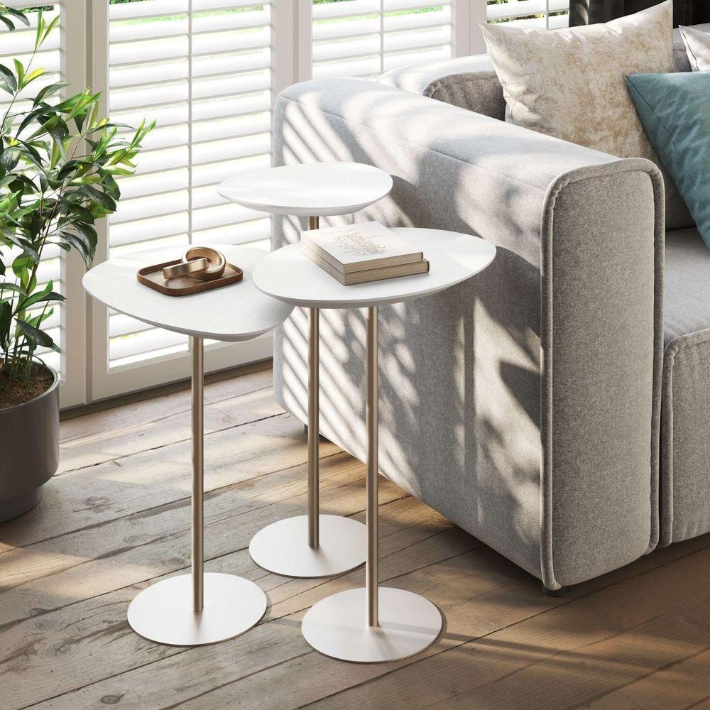 Conjunto De 3 Mesas Laterais Orgânicas Kaleo Base Champanhe Tampo Branco - 2