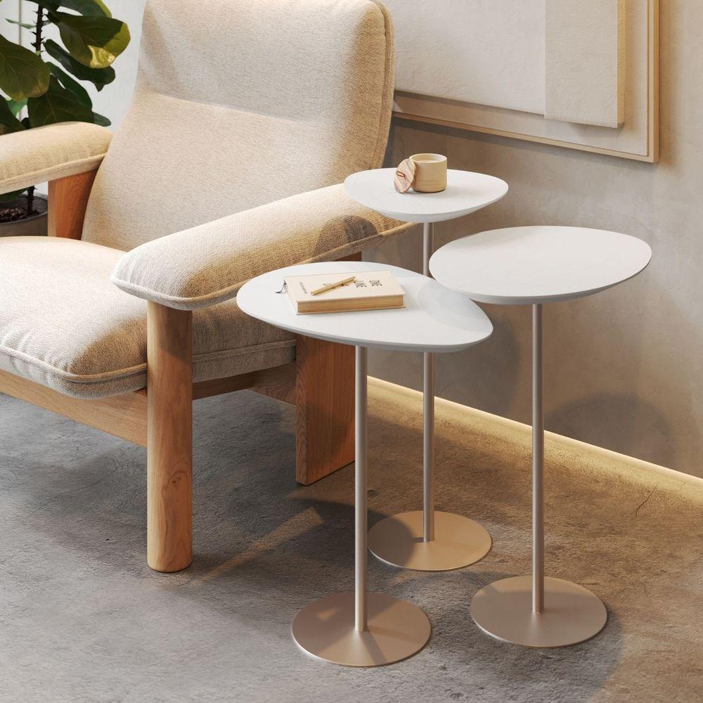 Conjunto De 3 Mesas Laterais Orgânicas Kaleo Base Champanhe Tampo Branco - 4