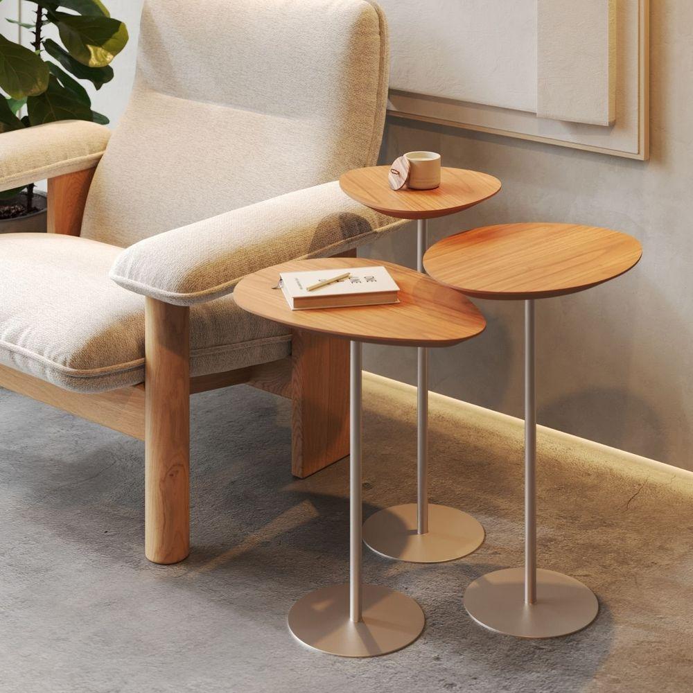 Conjunto De 3 Mesas Laterais Orgânicas Kaleo Base Champanhe Tampo Mel - 5