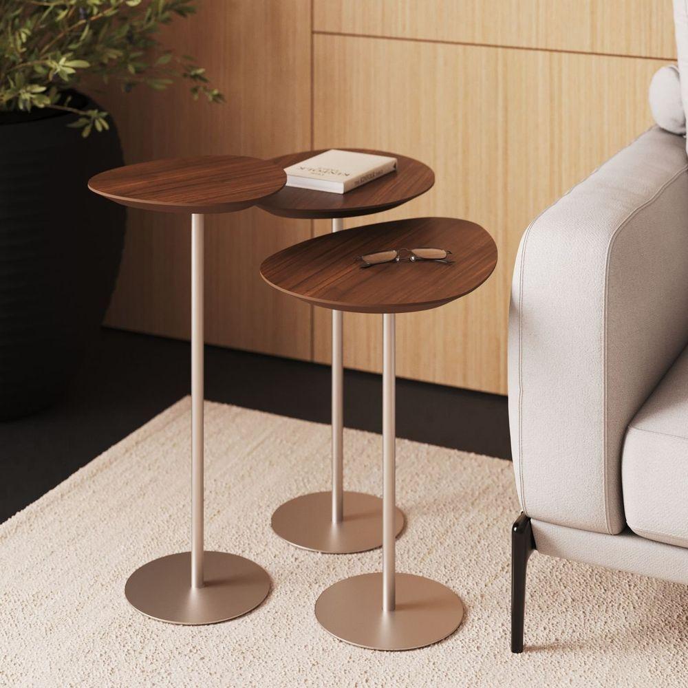 Conjunto De 3 Mesas Laterais Orgânicas Kaleo Base Champanhe Tampo Castanho - 4