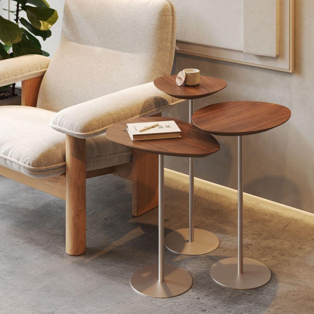 Conjunto De 3 Mesas Laterais Orgânicas Kaleo Base Champanhe Tampo Castanho - 5