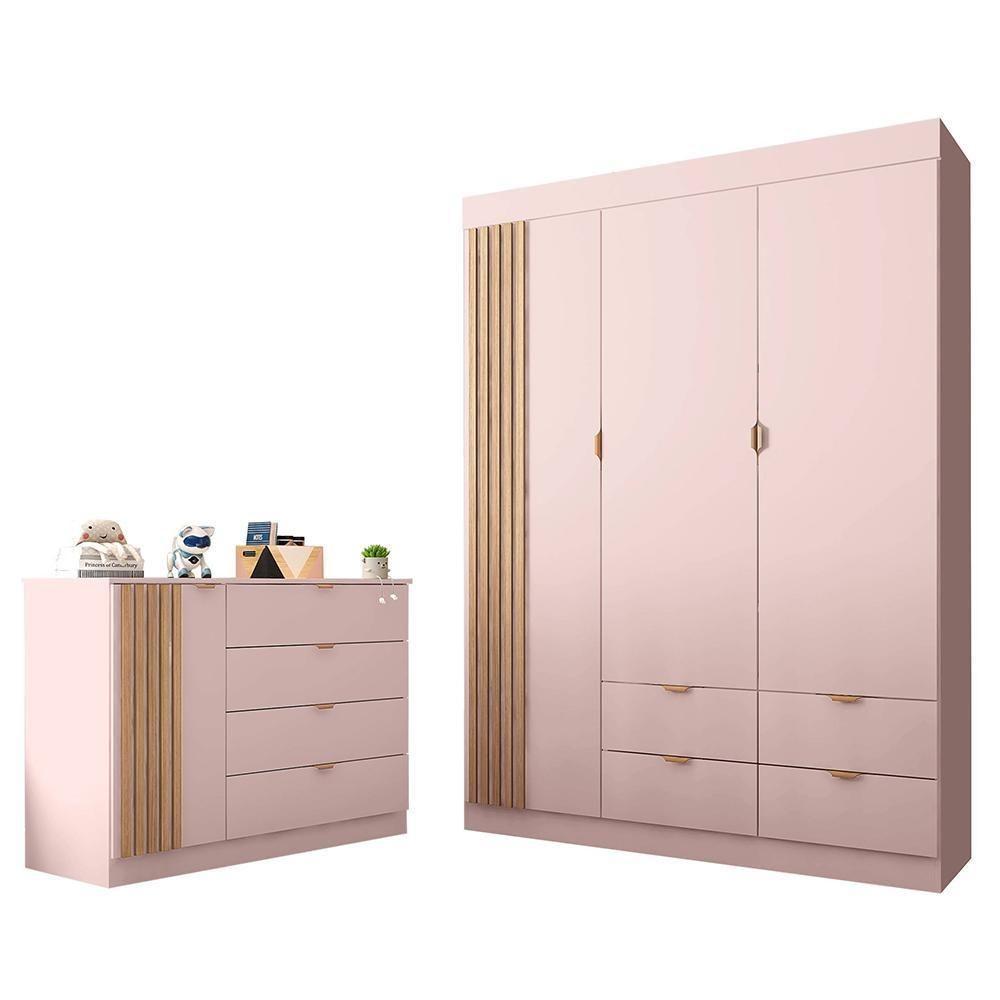 Jogo De Quarto Infantil Ayla Com Guarda Roupa E Cômoda Rosê Acetinado - Phoenix Baby Rosê Acetinado - 1