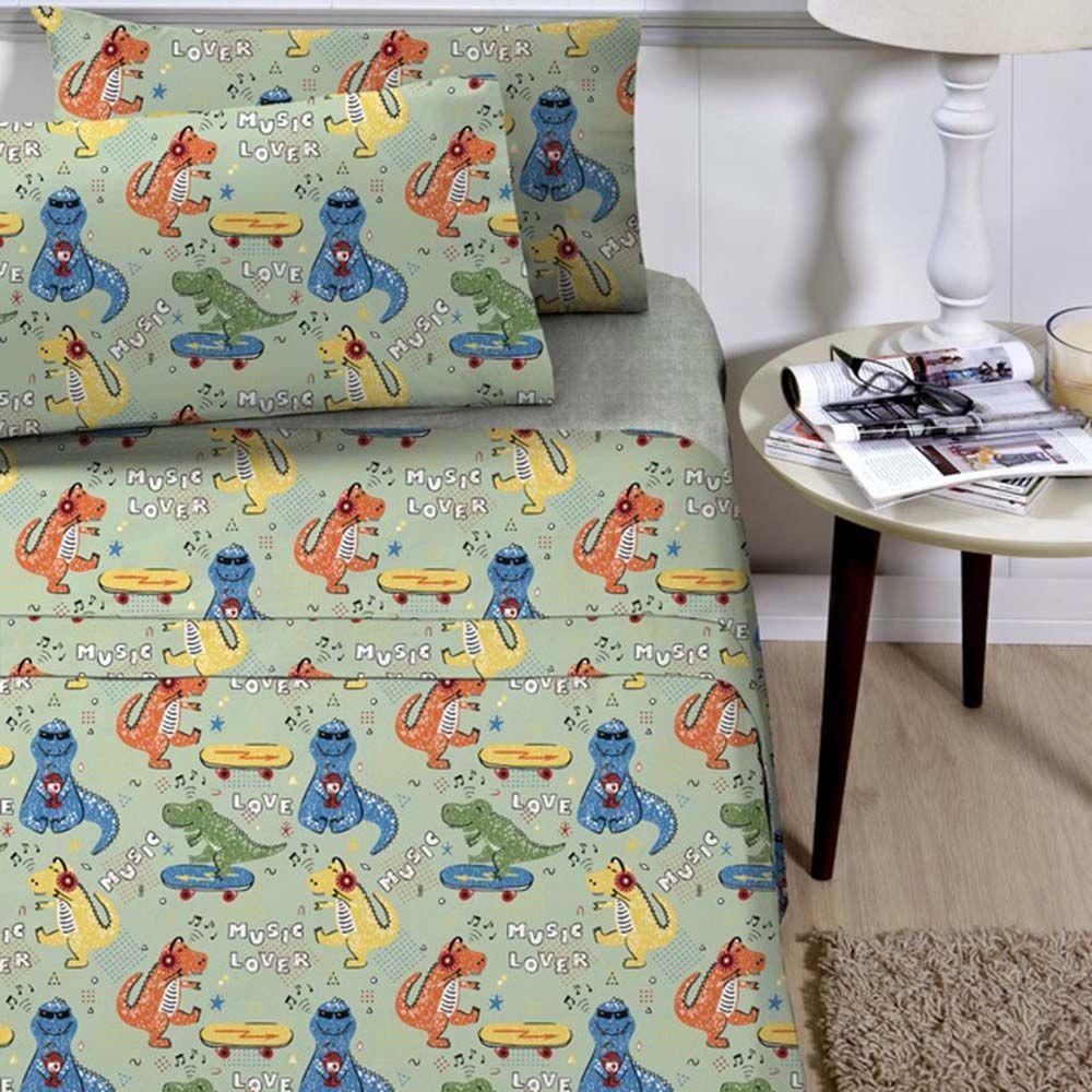 Jogo De Lençol Planeta Mágico Solteiro 3 Peças Infantil Estampado - Dinossauro - 100% Poliéster - 1