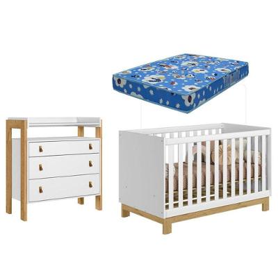 Berço Americano com Cômoda Infantil e Colchão Q Encanto Slim Fantasia MDP e MDF 74 cm Branco Qmovi