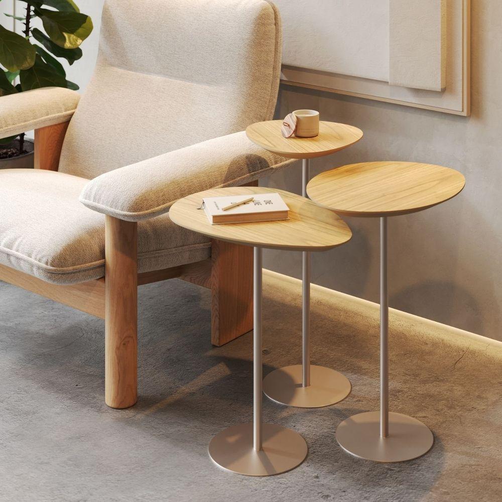 Conjunto De 3 Mesas Laterais Orgânicas Kaleo Base Champanhe Tampo Damasco - 2