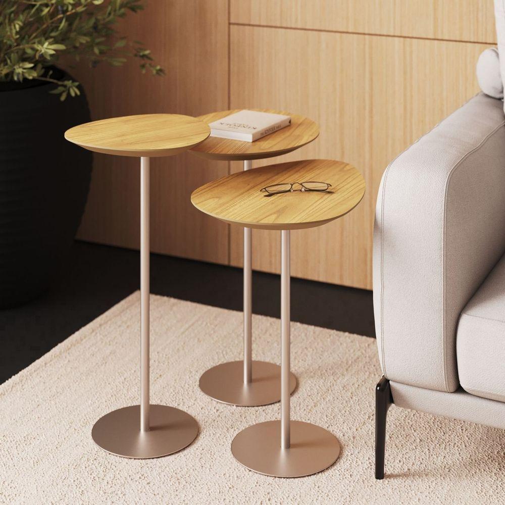 Conjunto De 3 Mesas Laterais Orgânicas Kaleo Base Champanhe Tampo Damasco - 3