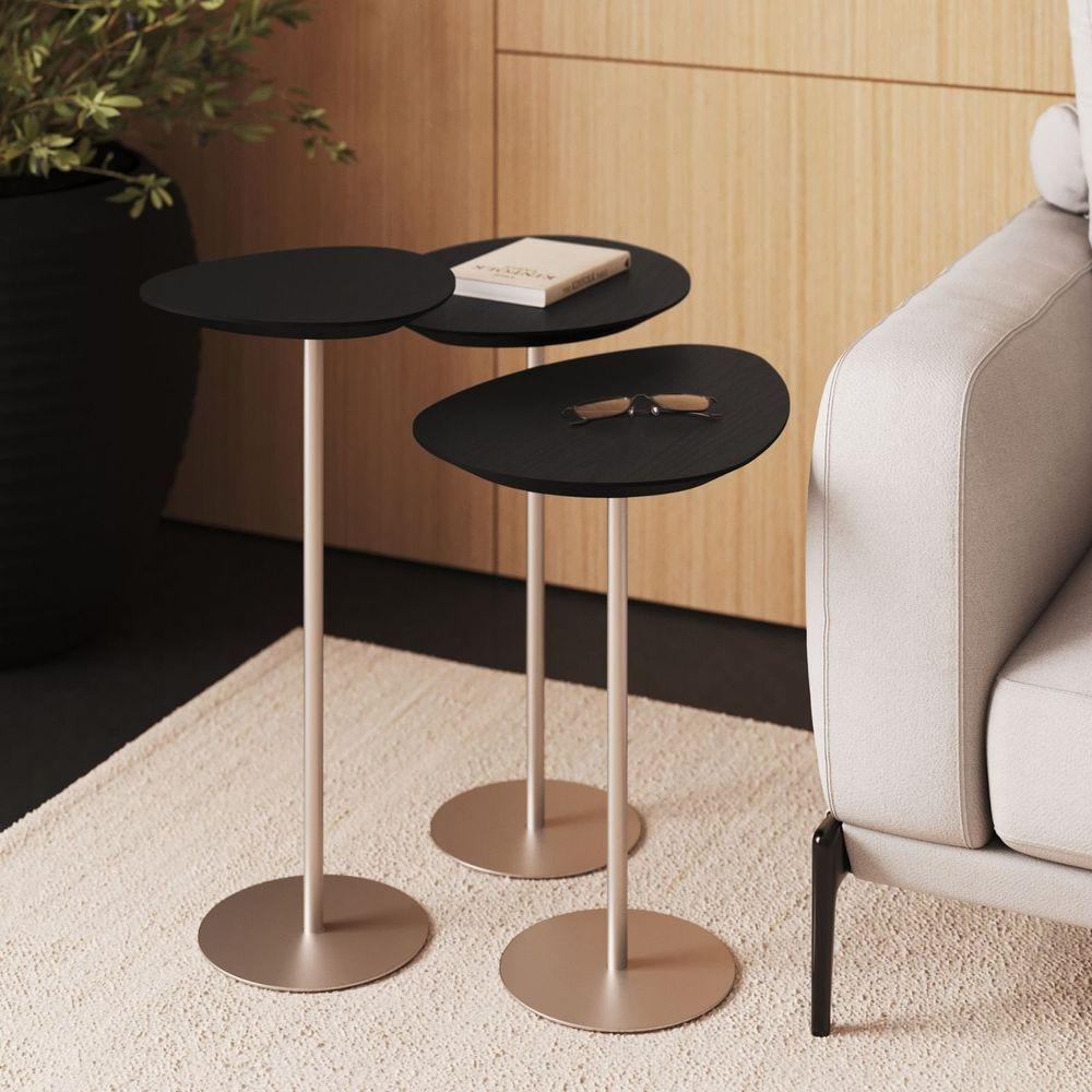 Conjunto De 3 Mesas Laterais Orgânicas Kaleo Base Champanhe Tampo Preto - 2