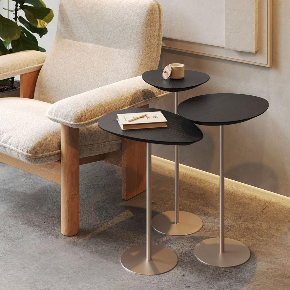 Conjunto De 3 Mesas Laterais Orgânicas Kaleo Base Champanhe Tampo Preto - 4