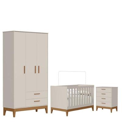 Quarto de Bebê Flip com Guarda Roupa 3 Portas 2 Gavetas em MDF Areia Acetinado