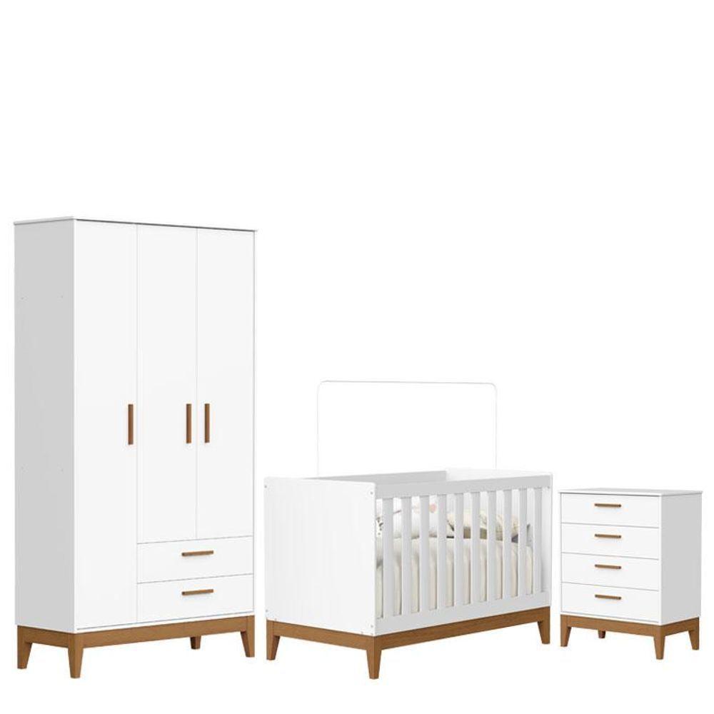Quarto De Bebê Flip Com Cômoda Gaveteiro Branco Acetinado Com Berço Americano - Reller - 1