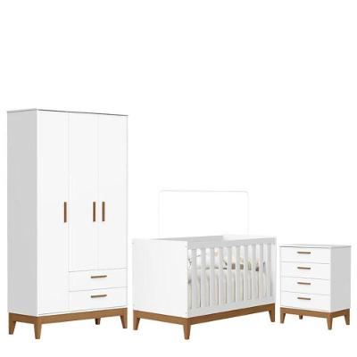 Quarto de Bebê Flip em 100% MDF 112cm Branco Acetinado com Cômoda Gaveteiro e Berço Reller Móveis