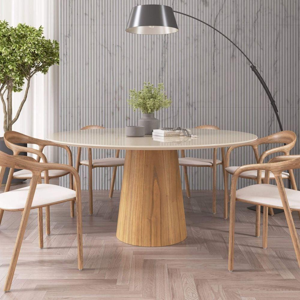 Mesa De Jantar Redonda 160cm Scandi 8 Lugares Lamina Natural De Madeira Off White Vidro - 2